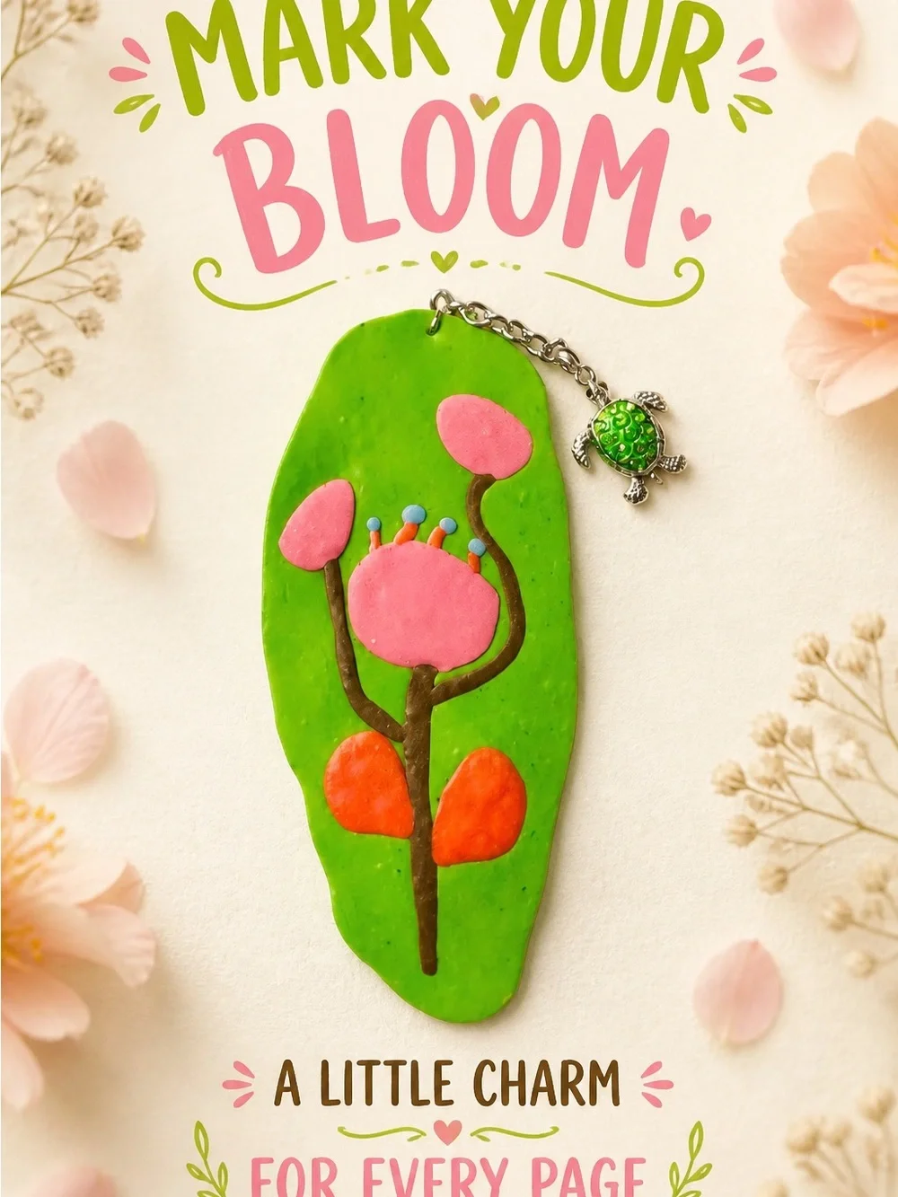 Green Floral Bookmark Charm with Turtle Tassel